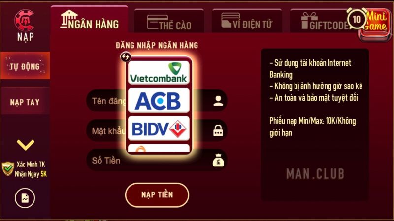 Thực hiện rút tiền Manclub an toàn qua tài khoản ngân hàng